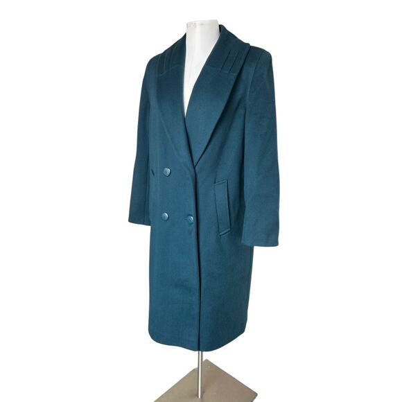Vintage 80s Alorna Wool Blend Trench Coat Double Breasted Peacock Blue sz M - Picture 5 of 12